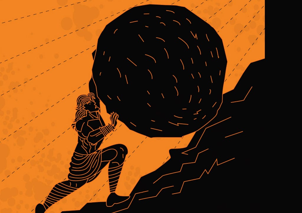 Sisyphus straining to hold the boulder on his shoulder — the myth that kept me company through five months of applications
