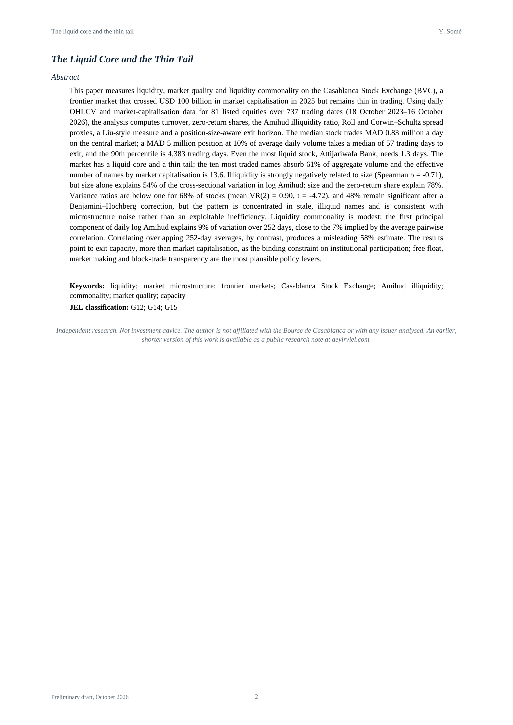 First page of 'The Liquid Core and the Thin Tail', showing the title and the full abstract